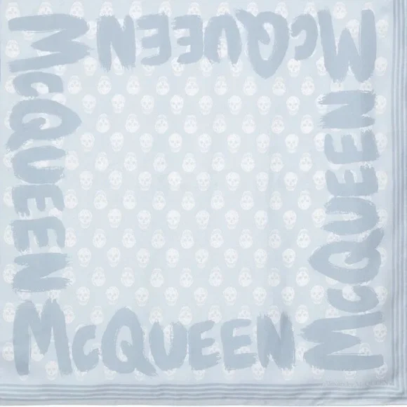 Alexander McQueen Graffiti Logo Skull Print Silk Biker Scarf Sky Blue NEW - Picture 1 of 8